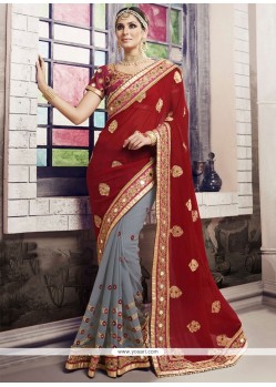 Classical Grey And Maroon Half N Half Designer Saree