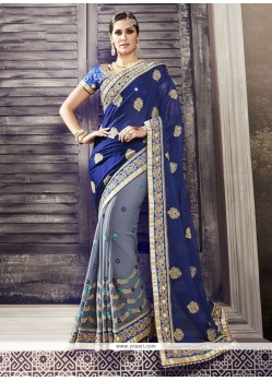 Dashing Blue And Grey Patch Border Work Half N Half Designer Saree