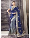 Dashing Blue And Grey Patch Border Work Half N Half Designer Saree