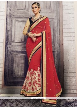 Chic Red Embroidered Work Net Classic Designer Saree