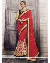 Chic Red Embroidered Work Net Classic Designer Saree