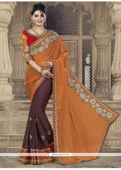 Sightly Brown Embroidered Work Faux Chiffon Classic Saree