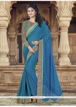 Exuberant Faux Chiffon Blue Embroidered Work Classic Designer Saree