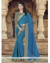 Exuberant Faux Chiffon Blue Embroidered Work Classic Designer Saree