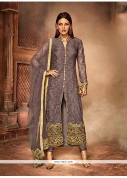 Exquisite Grey Embroidered Work Net Churidar Designer Suit