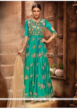 Extraordinary Net Sea Green Anarkali Salwar Kameez