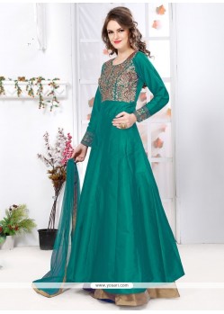 Delightful Sea Green Tafeta Silk Designer Floor Length Suit