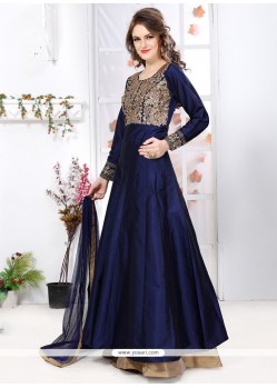 Entrancing Resham Work Blue Tafeta Silk Designer Floor Length Suit