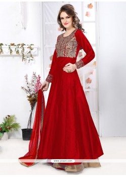 Outstanding Resham Work Tafeta Silk Red Designer Floor Length Suit