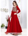 Outstanding Resham Work Tafeta Silk Red Designer Floor Length Suit