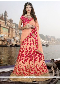 Miraculous Patch Border Work Peach And Pink A Line Lehenga Choli