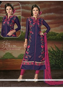 Trendy Navy Blue Embroidered Work Chanderi Cotton Churidar Designer Suit