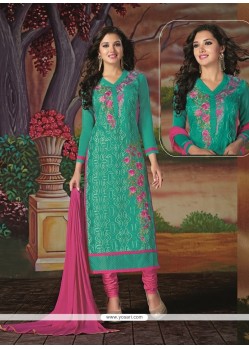 Brilliant Sea Green Resham Work Churidar Designer Suit