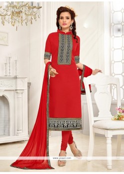 Congenial Embroidered Work Chanderi Churidar Suit