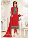 Congenial Embroidered Work Chanderi Churidar Suit