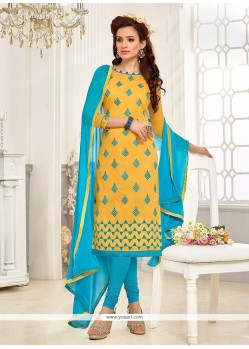 Exceeding Yellow Embroidered Work Churidar Suit