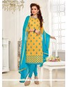 Exceeding Yellow Embroidered Work Churidar Suit