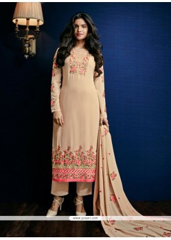 Scintillating Beige Embroidered Work Georgette Pant Style Suit