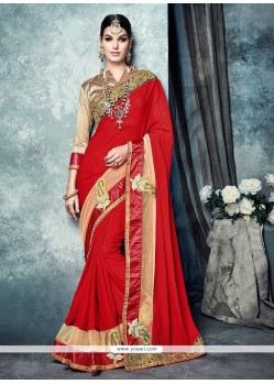 Unique Red Patch Border Work Faux Chiffon Traditional Saree