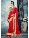 Unique Red Patch Border Work Faux Chiffon Traditional Saree