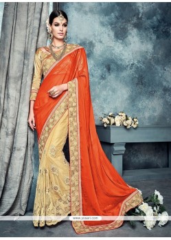 Beige Embroidered Work Net Classic Saree