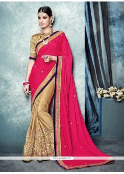 Hot Pink Patch Border Work Lycra Designer Saree