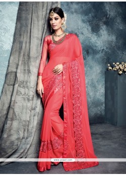 Compelling Faux Chiffon Rose Pink Patch Border Work Classic Saree