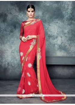 Zesty Faux Chiffon Rose Pink Patch Border Work Classic Designer Saree