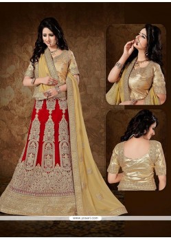 Wonderous Patch Border Work Red Net A Line Lehenga Choli