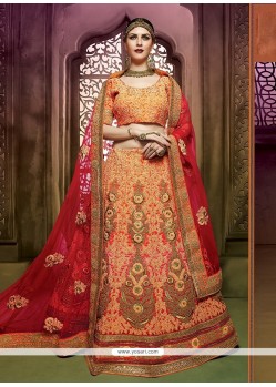 Captivating Peach Embroidered Work Art Silk A Line Lehenga Choli