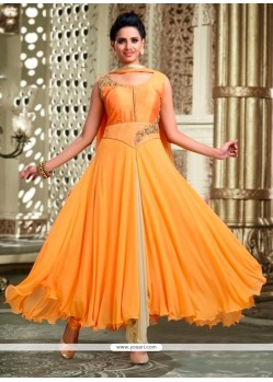 Fine Embroidered Work Art Silk Orange Readymade Anarkali Salwar Suit