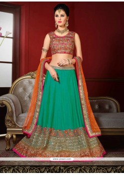 Elite Silk Sea Green Patch Border Work A Line Lehenga Choli