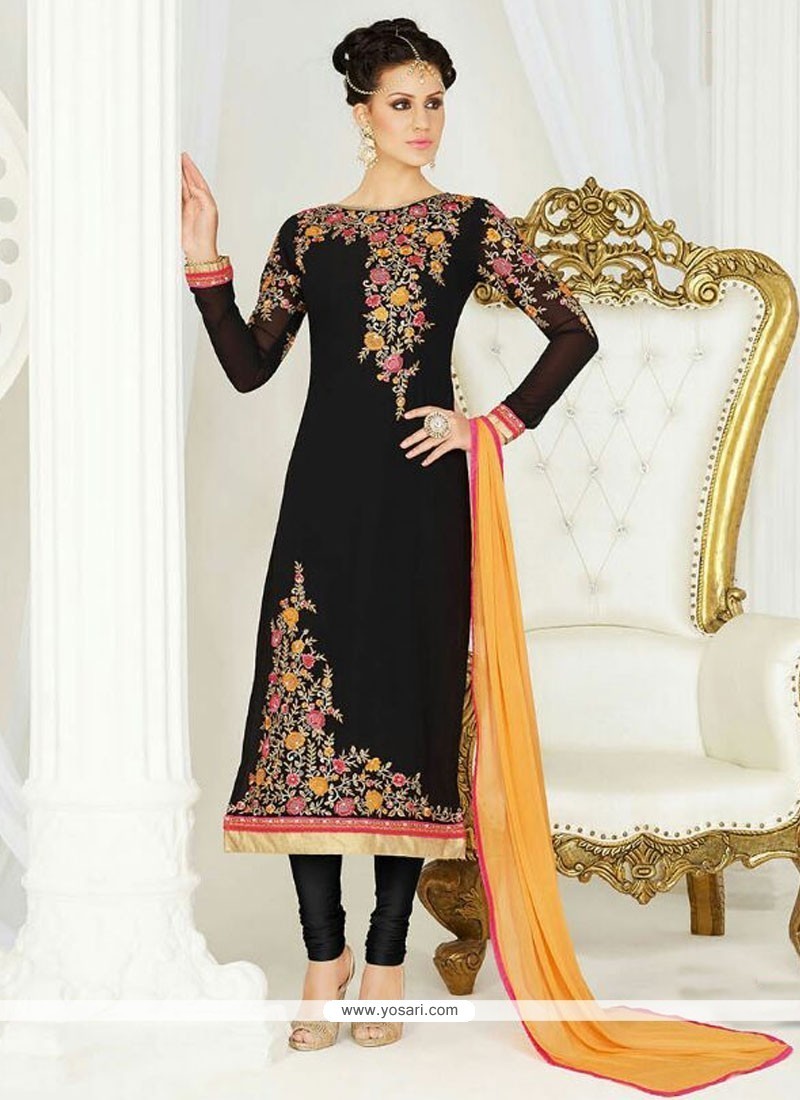 Banarasi Silk Black Churidar Salwar Suit -