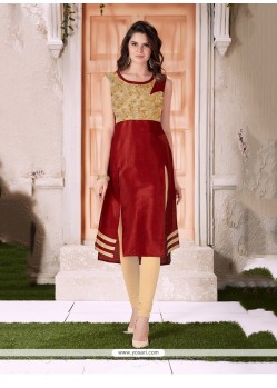 Magnificent Embroidered Work Maroon Silk Party Wear Kurti