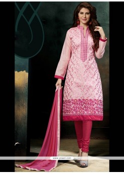 Intriguing Embroidered Work Chanderi Pink Churidar Designer Suit