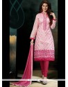 Intriguing Embroidered Work Chanderi Pink Churidar Designer Suit