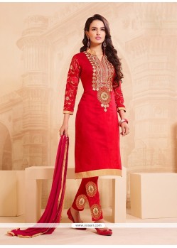 Intrinsic Embroidered Work Red Chanderi Churidar Designer Suit