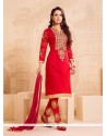 Intrinsic Embroidered Work Red Chanderi Churidar Designer Suit