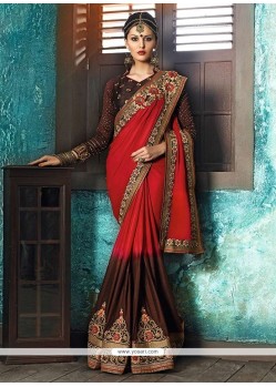 Floral Brown And Red Patch Border Work Fancy Fabric Classic Designer Saree