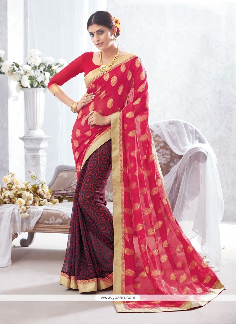 Hot Pink Patch Border Work Georgette Classic Saree