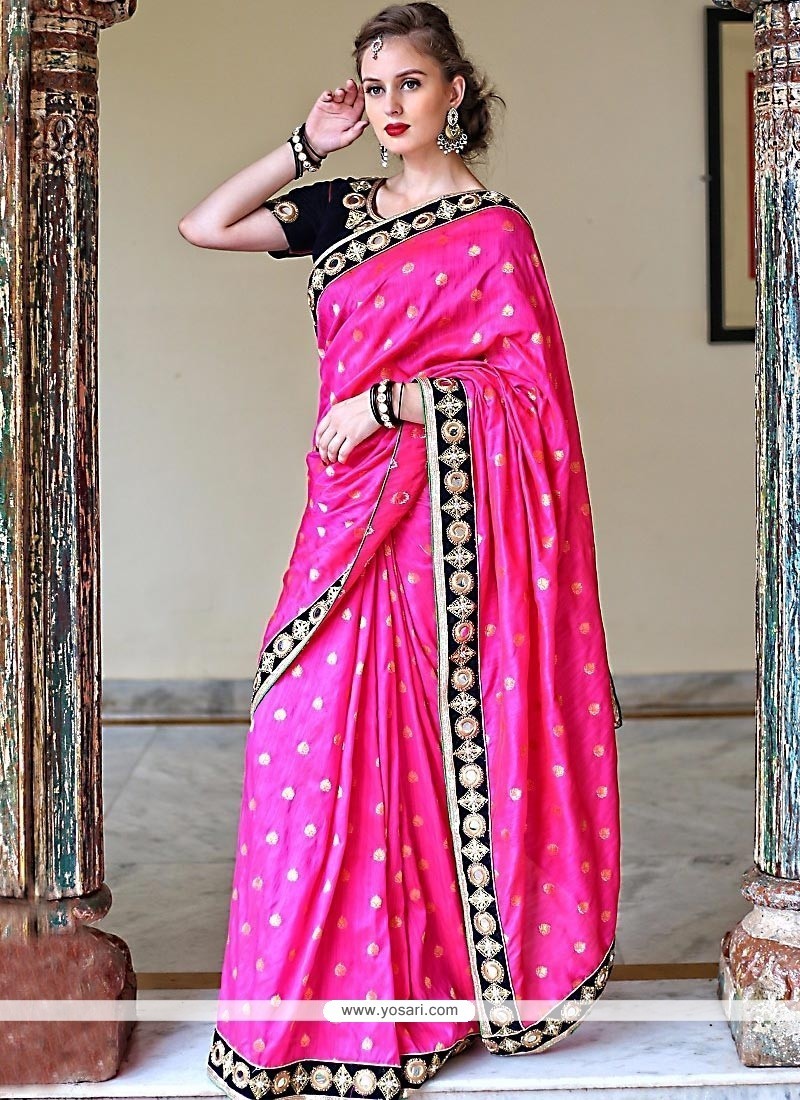 Patch Border Banarasi Silk Traditional Saree In Pink
