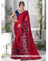 Bedazzling Pure Chiffon Red Lace Work Trendy Saree