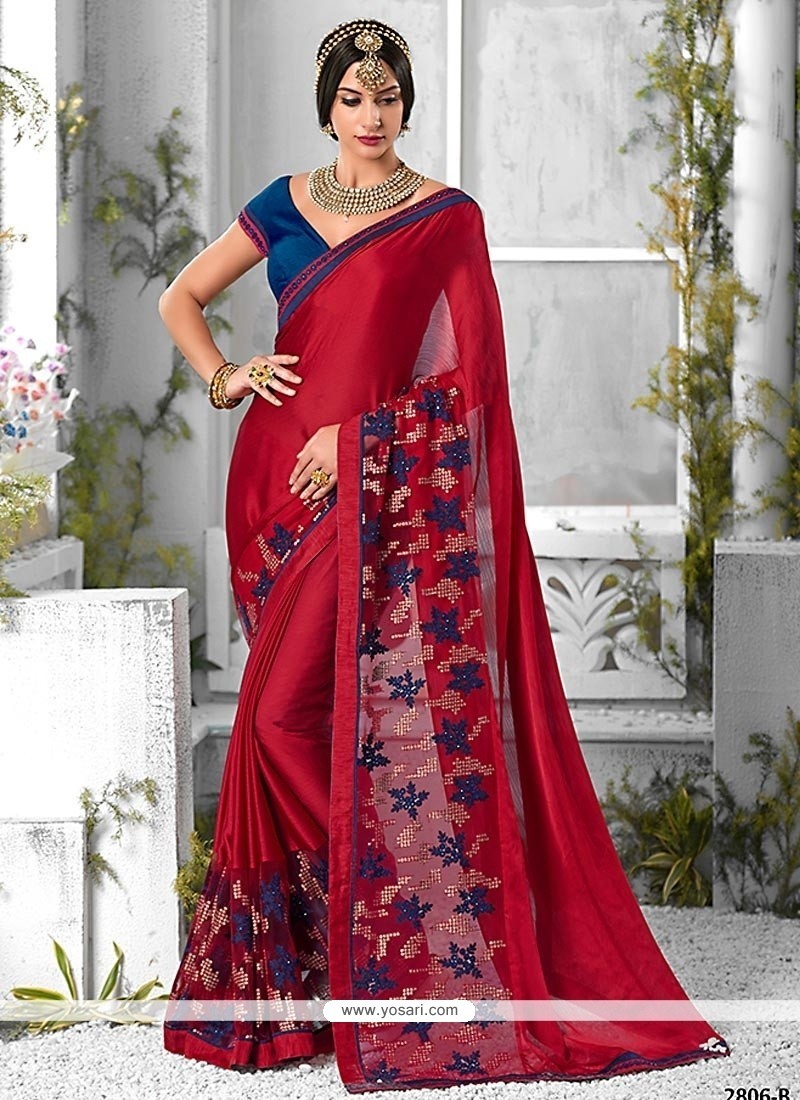 Bedazzling Pure Chiffon Red Lace Work Trendy Saree