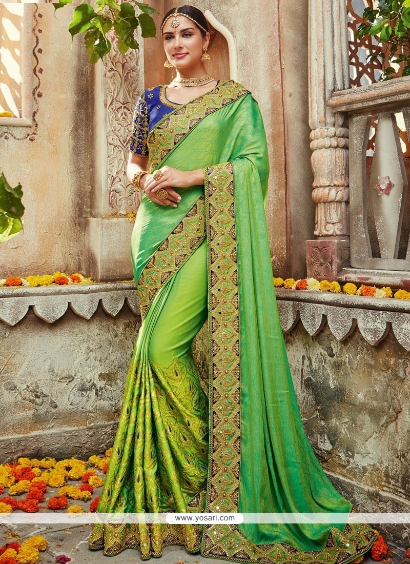Stylish Green Embroidered Work Designer Traditional Sarees