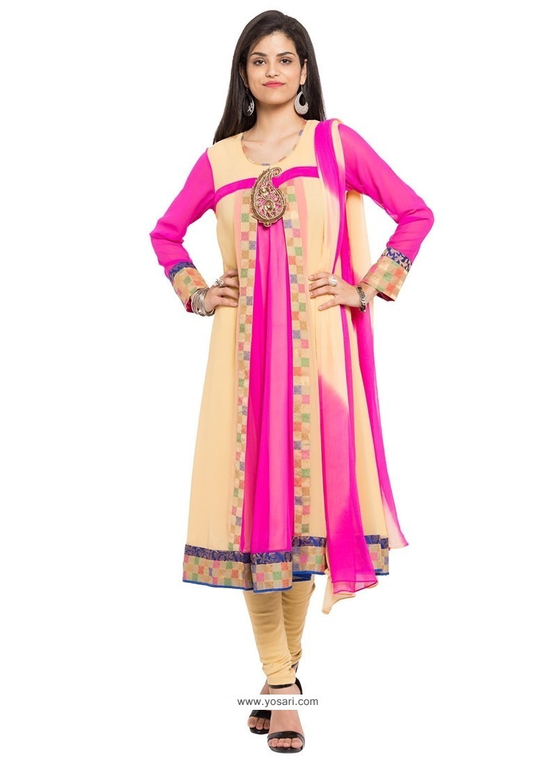 Appealing Embroidered Work Georgette Hot Pink Readymade Suit