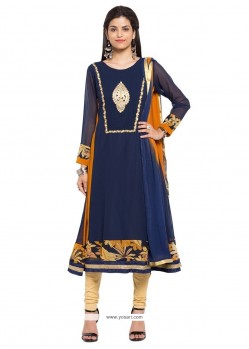 Dazzling Navy Blue Embroidered Work Georgette Readymade Suit