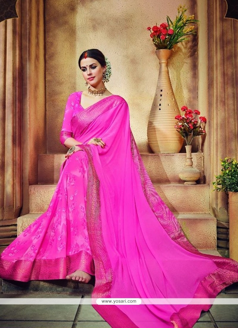 Compelling Georgette Hot Pink Print Work Casual Saree