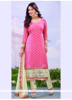 Dazzling Lace Work Pink Viscose Churidar Designer Suit