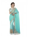 Titillating Turquoise Patch Border Work Net Trendy Saree
