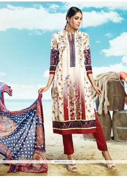 Compelling Print Work Cotton Satin Pant Style Suit